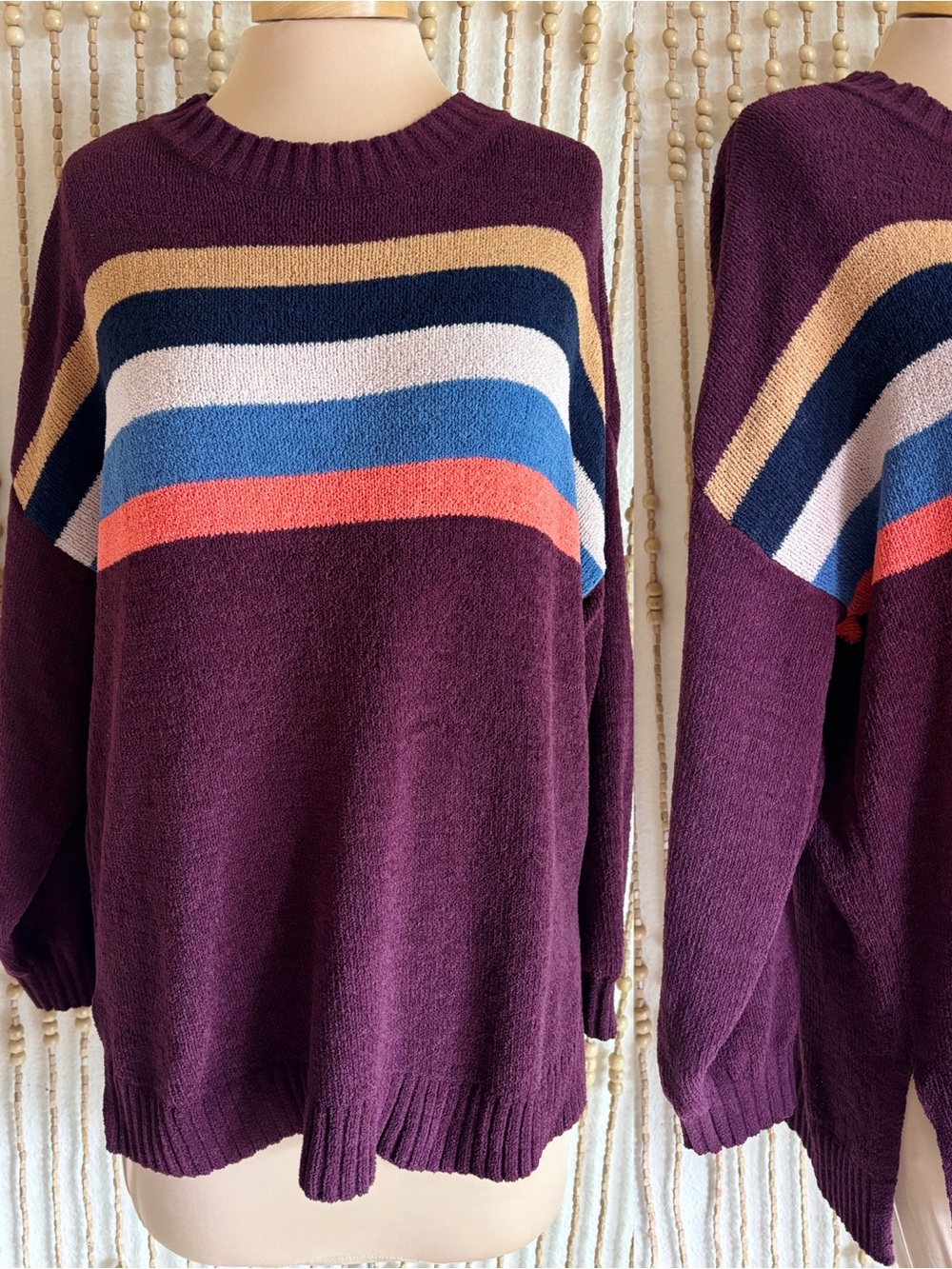 AEO Purple Retro Striped Multi Color Oversized Long Sleeve Cozy Boho Sweater XS